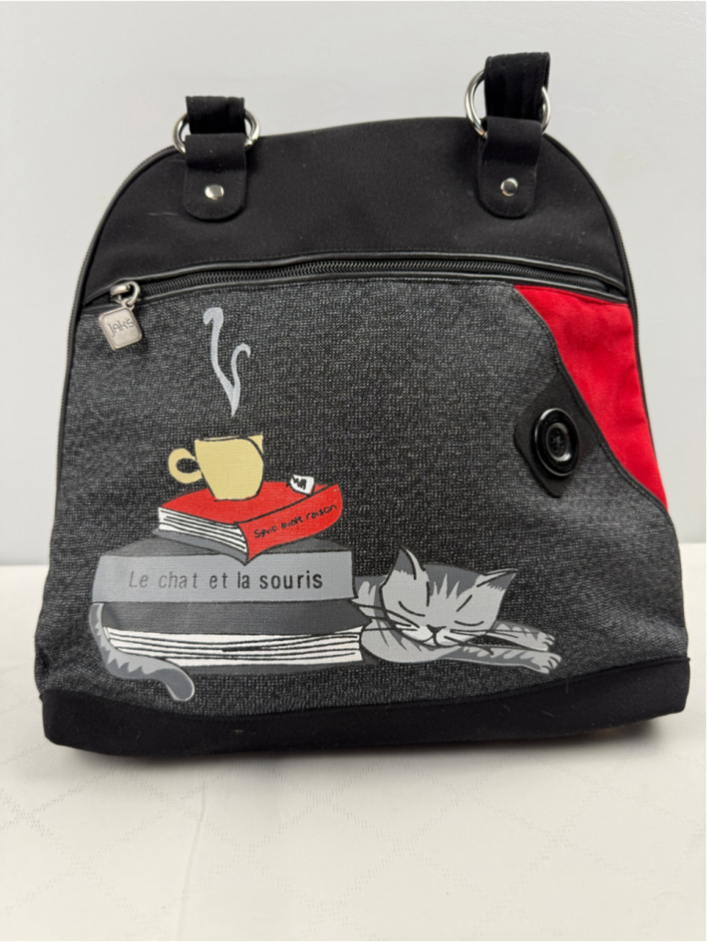 Jaks Backpack Shoulder Bag Black and Grey Cat Book Print